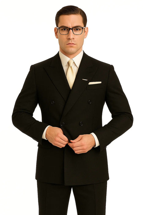 Men's Legend Tom Hardy Look Double Breasted Solid Black Suit