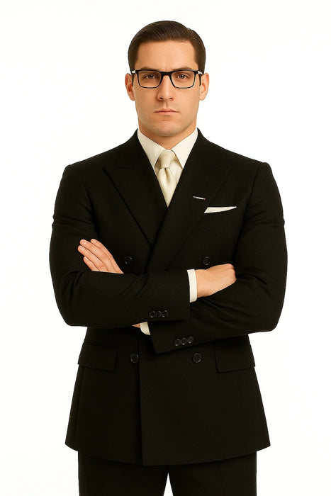 Men's Legend Tom Hardy Look Double Breasted Solid Black Suit
