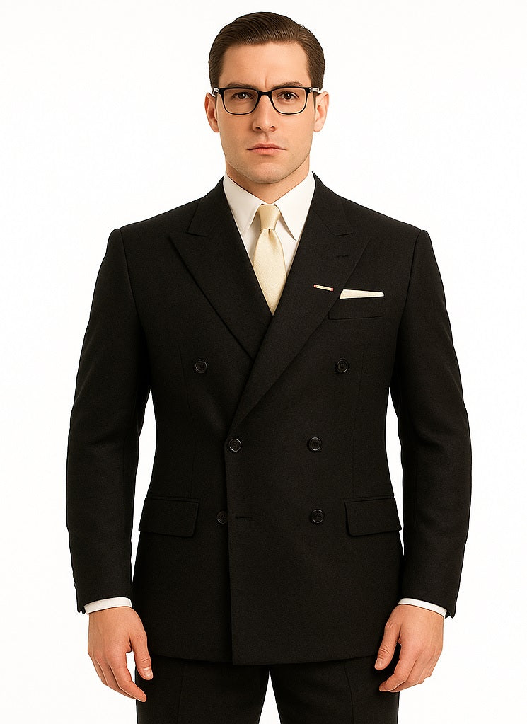 Men's Legend Tom Hardy Look Double Breasted Solid Black Suit