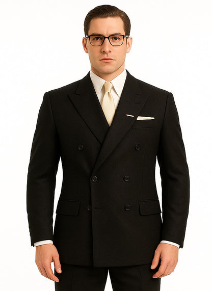 Men's Legend Tom Hardy Look Double Breasted Solid Black Suit