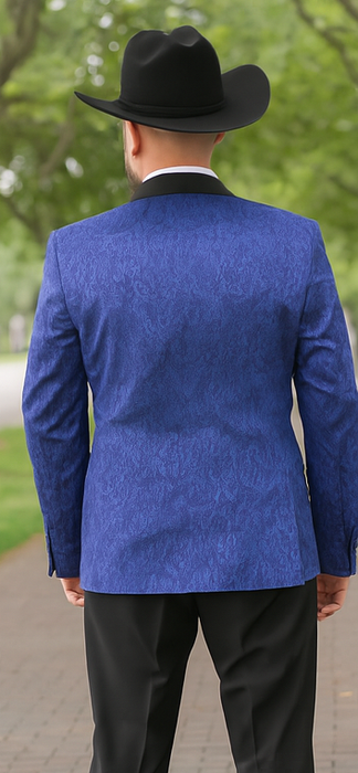 Men's Satin Shawl Lapel Blue 2 Buttons Floral Slim Fit Blazer Sport coat Paisley Royal Blue Tuxedo