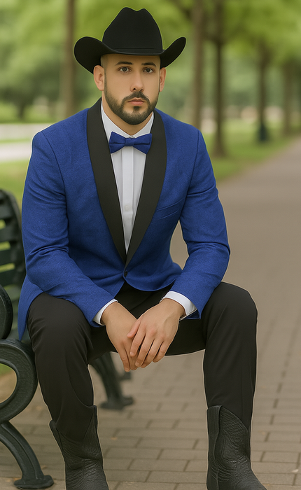 Men's Satin Shawl Lapel Blue 2 Buttons Floral Slim Fit Blazer Sport coat Paisley Royal Blue Tuxedo