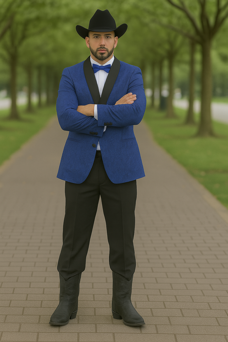 Men's Satin Shawl Lapel Blue 2 Buttons Floral Slim Fit Blazer Sport coat Paisley Royal Blue Tuxedo