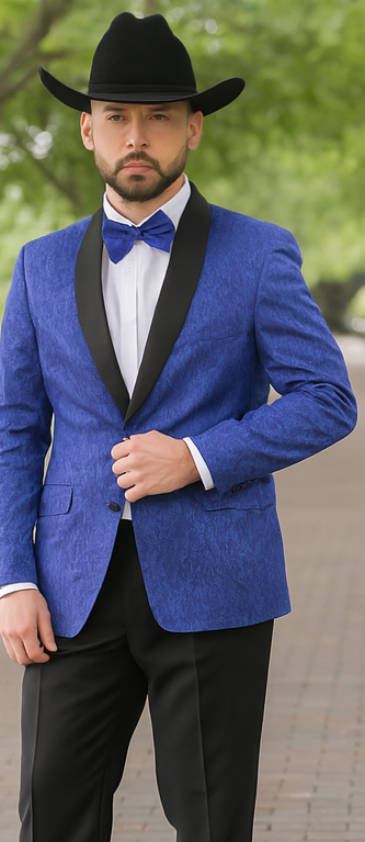 Men's Satin Shawl Lapel Blue 2 Buttons Floral Slim Fit Blazer Sport coat Paisley Royal Blue Tuxedo