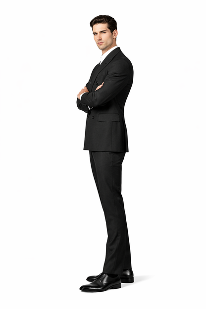 Men's Suit Double Breasted Black Peak Lapel