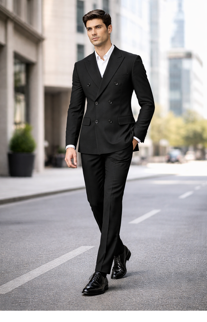 Men's Suit Double Breasted Black Peak Lapel