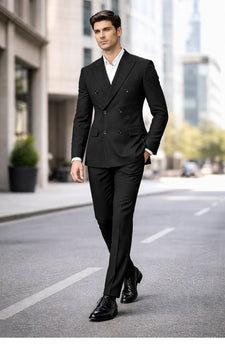 Men's Suit Double Breasted Black Peak Lapel