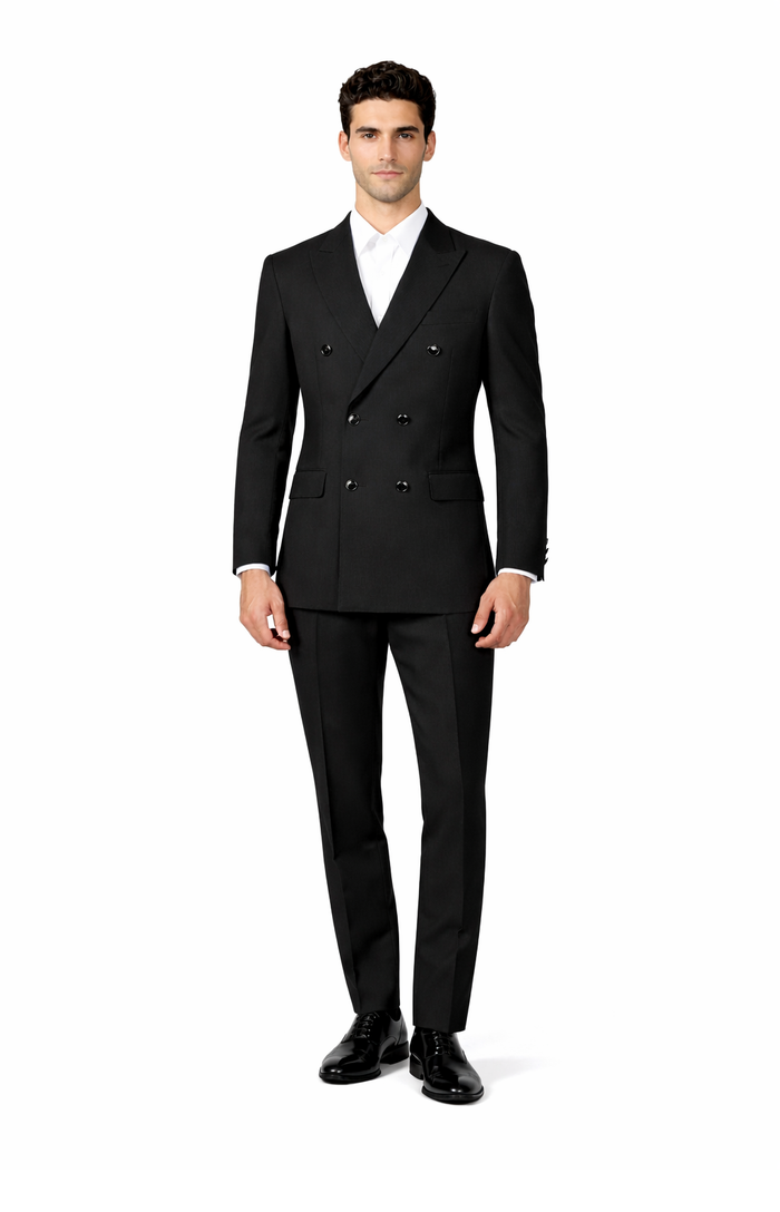Men's Suit Double Breasted Black Peak Lapel
