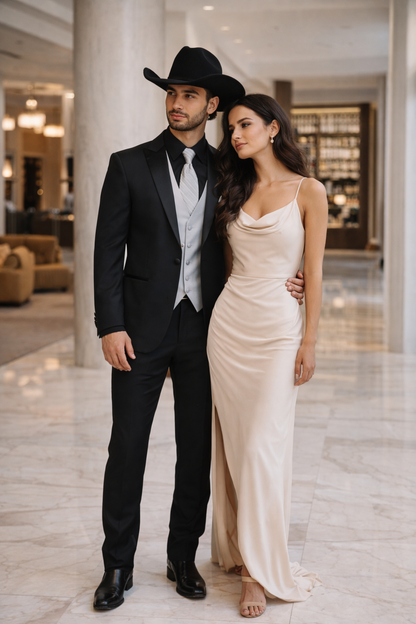 Mens 1 Button Peak Lapel in Grey Cowboy Suit - Country Wedding Suits Modern Fit