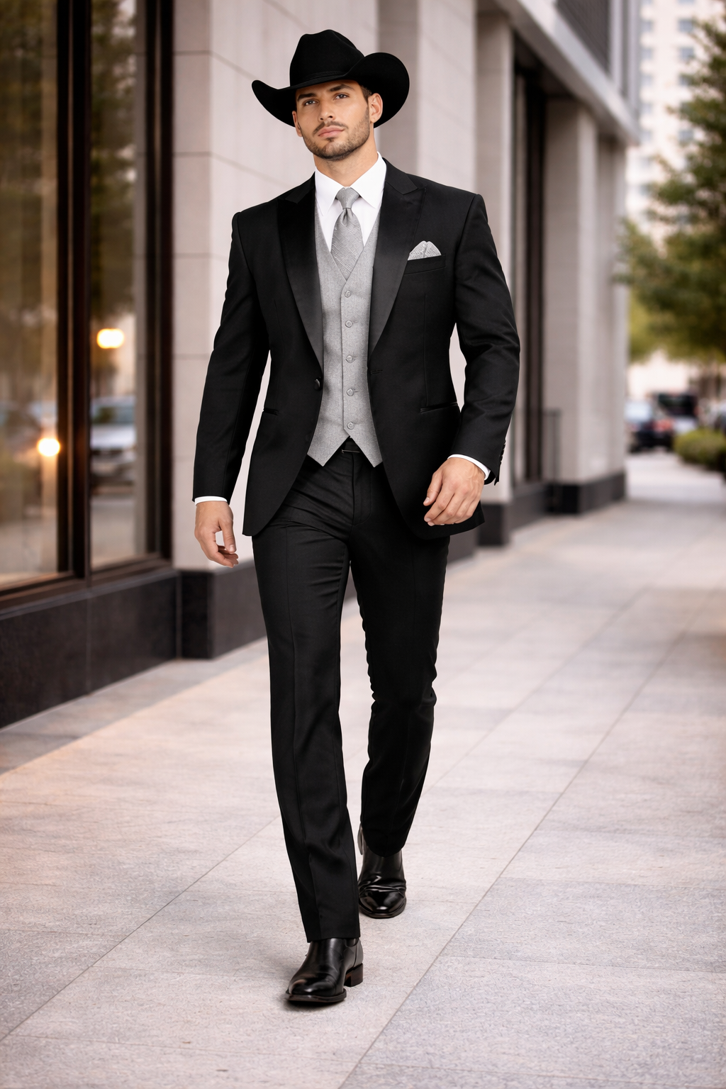 Mens 1 Button Peak Lapel in Grey Cowboy Suit - Country Wedding Suits Modern Fit