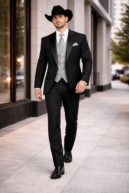 Mens 1 Button Peak Lapel in Grey Cowboy Suit - Country Wedding Suits Modern Fit