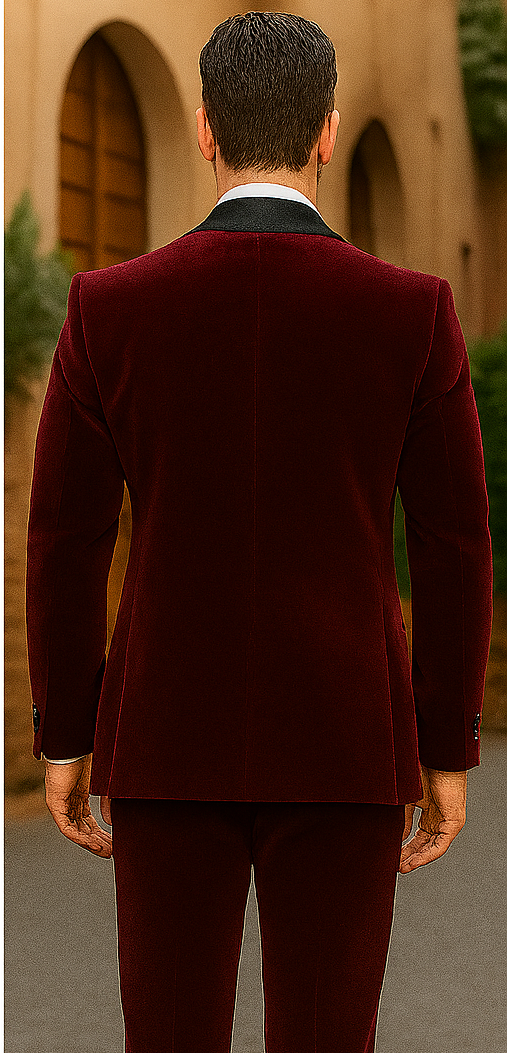 Mens 1 Button Shawl Lapel Velvet Tuxedo in burgundy - Image 4