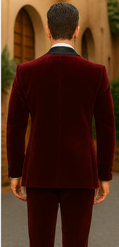 Mens 1 Button Shawl Lapel Velvet Tuxedo in burgundy - Image 4