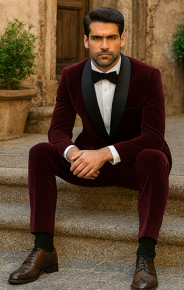 Mens 1 Button Shawl Lapel Velvet Tuxedo in burgundy - Image 5
