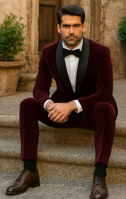Mens 1 Button Shawl Lapel Velvet Tuxedo in burgundy - Image 5