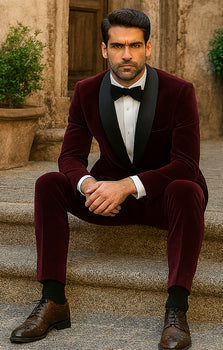 Mens 1 Button Shawl Lapel Velvet Tuxedo in burgundy - Image 5