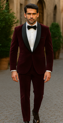 Mens 1 Button Shawl Lapel Velvet Tuxedo in burgundy