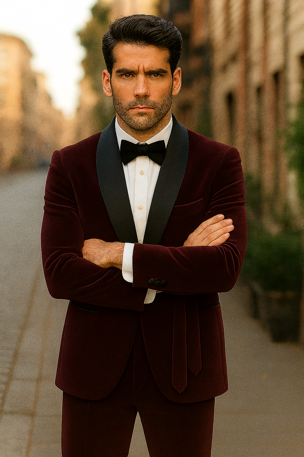 Mens 1 Button Shawl Lapel Velvet Tuxedo in burgundy - Image 3