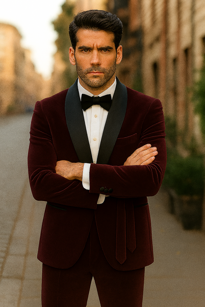 Mens 1 Button Shawl Lapel Velvet Tuxedo in burgundy - Image 3