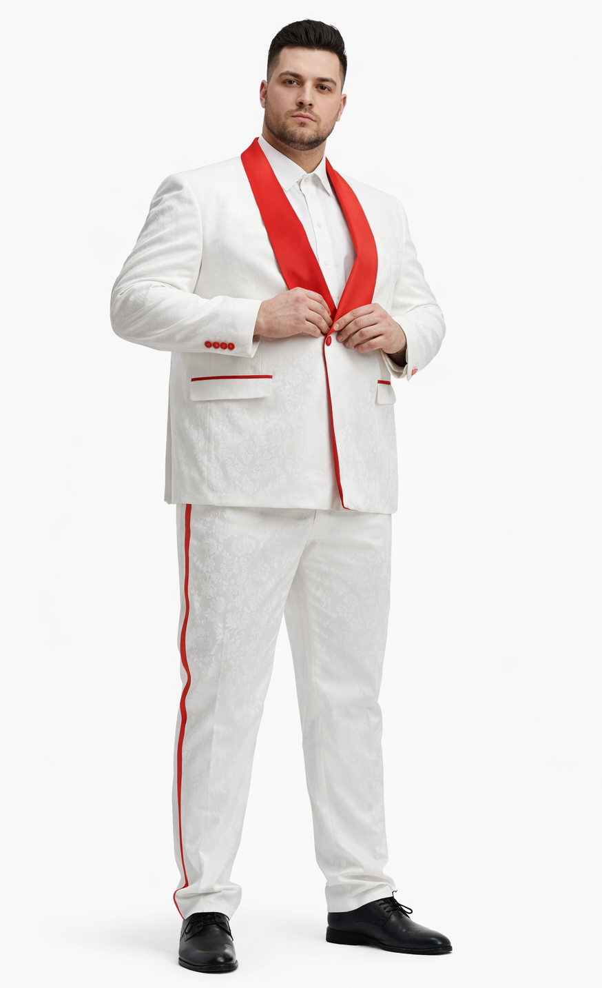 Mens 1 Button Shawl Lapel White And Hot Red Wedding / Prom Outfit Tuxedo Suit + White Pants & White Vest - Image 5