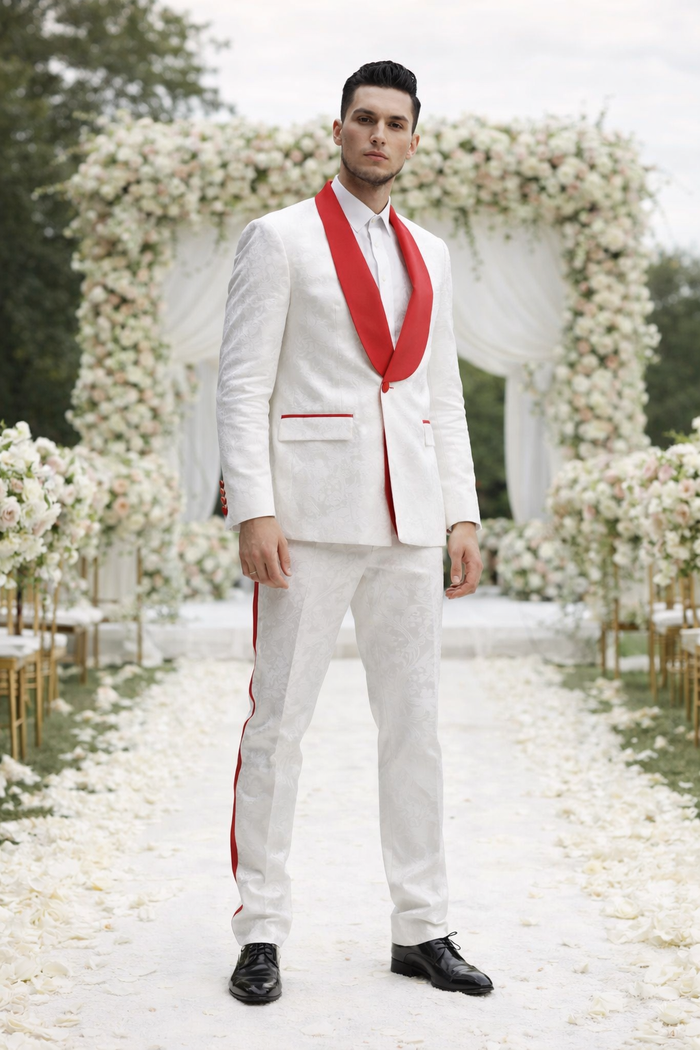Mens 1 Button Shawl Lapel White And Hot Red Wedding / Prom Outfit Tuxedo Suit + White Pants & White Vest - Image 6