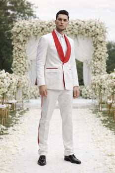 Mens 1 Button Shawl Lapel White And Hot Red Wedding / Prom Outfit Tuxedo Suit + White Pants & White Vest - Image 6