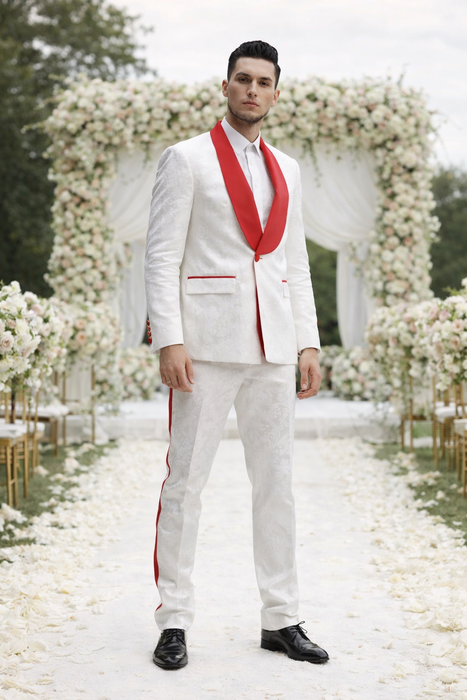 Mens 1 Button Shawl Lapel White And Hot Red Wedding / Prom Outfit Tuxedo Suit + White Pants & White Vest