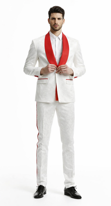 Mens 1 Button Shawl Lapel White And Hot Red Wedding / Prom Outfit Tuxedo Suit + White Pants & White Vest