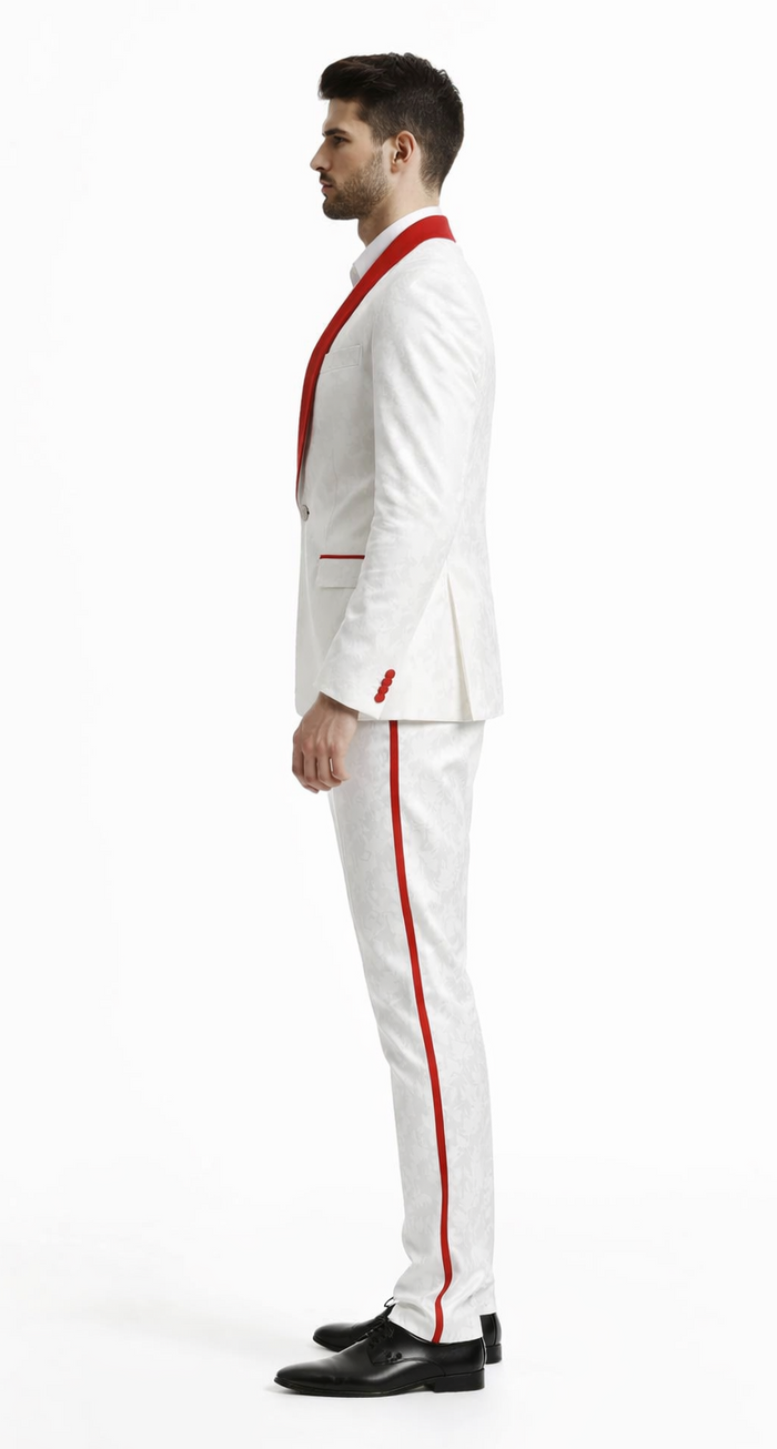 Mens 1 Button Shawl Lapel White And Hot Red Wedding / Prom Outfit Tuxedo Suit + White Pants & White Vest - Image 3