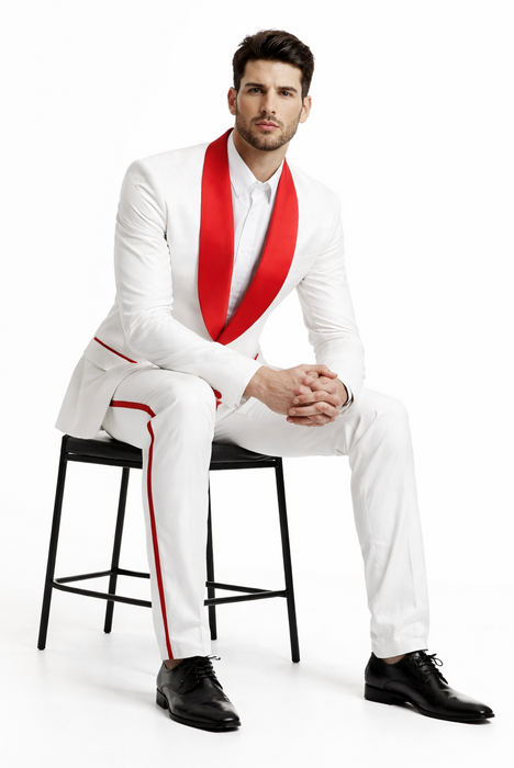 Mens 1 Button Shawl Lapel White And Hot Red Wedding / Prom Outfit Tuxedo Suit + White Pants & White Vest