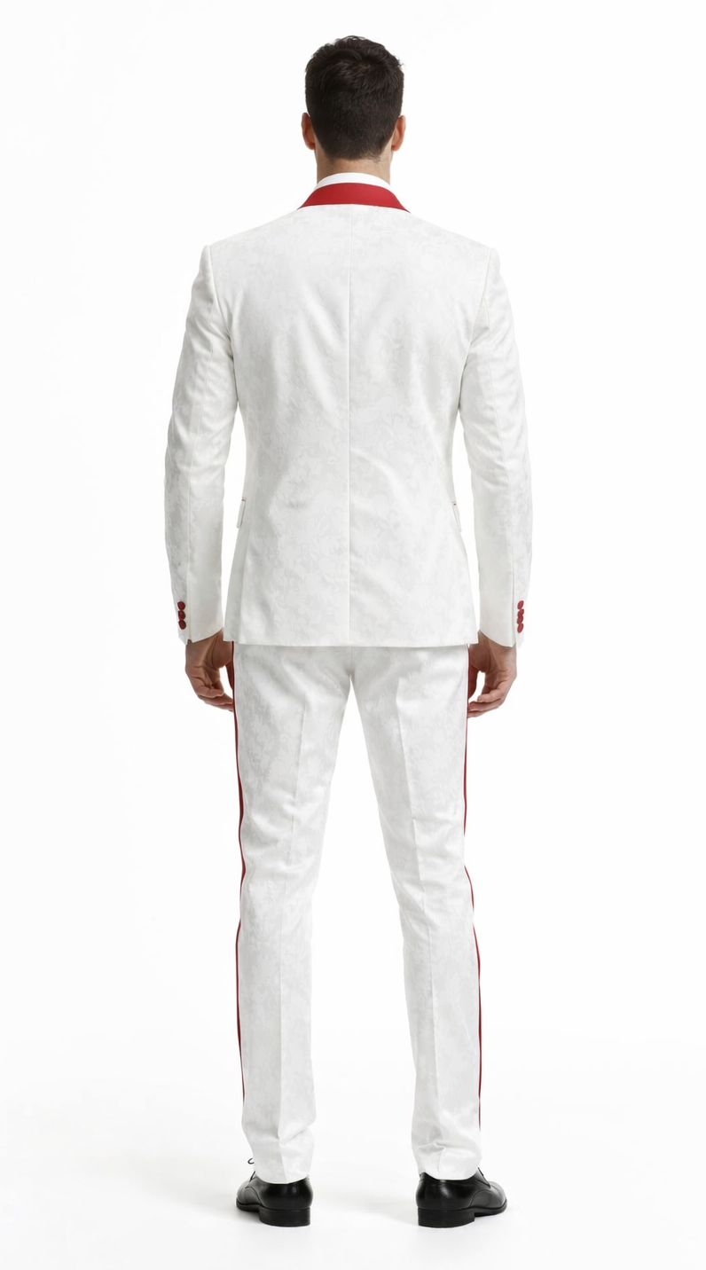 Mens 1 Button Shawl Lapel White And Hot Red Wedding / Prom Outfit Tuxedo Suit + White Pants & White Vest - Image 2