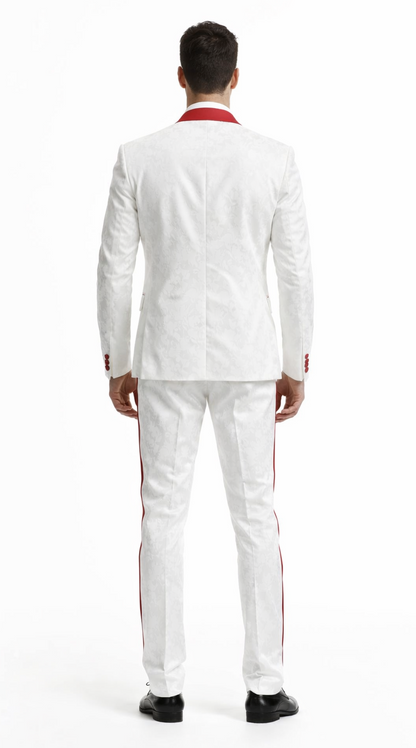 Mens 1 Button Shawl Lapel White And Hot Red Wedding / Prom Outfit Tuxedo Suit + White Pants & White Vest - Image 2