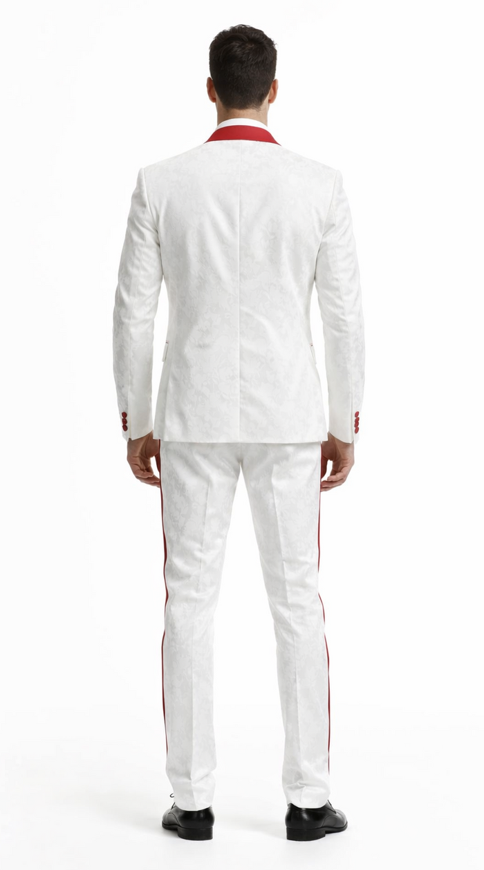 Mens 1 Button Shawl Lapel White And Hot Red Wedding / Prom Outfit Tuxedo Suit + White Pants & White Vest - Image 2