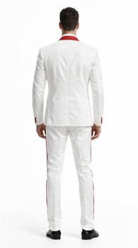 Mens 1 Button Shawl Lapel White And Hot Red Wedding / Prom Outfit Tuxedo Suit + White Pants & White Vest - Image 2