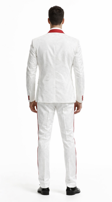 Mens 1 Button Shawl Lapel White And Hot Red Wedding / Prom Outfit Tuxedo Suit + White Pants & White Vest