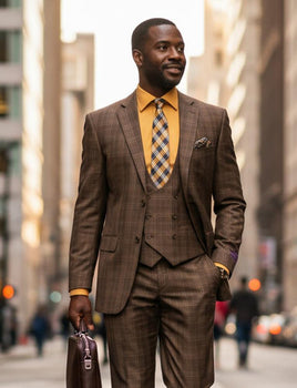 Mens 1930s Chestnut Brown Plaid 3 Piece Dress Suit 1920s Fancy Vest V2RW-7 - Image 2