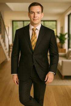 Black Almost Very Dark Gray Wiht Light Gray Pinstripe 100% Worsted Wool Available In 2 Or 3 Buttons Style Regular Classic Cut Cheap Priced Business Suits Clearance Sale - Image 2