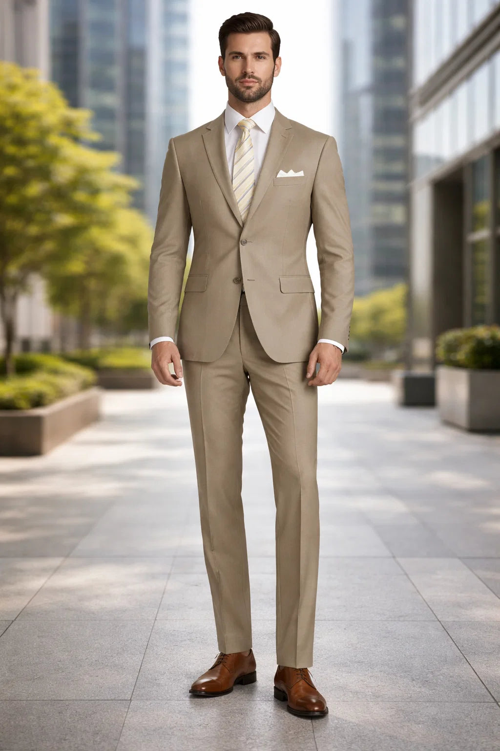 Mens 2 Button Classic Fit Pleated Pant Suit in Khaki - Image 6