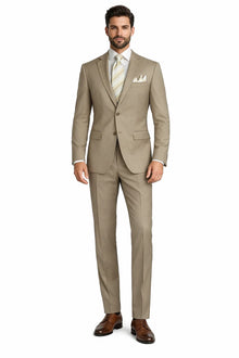 Mens 2 Button Classic Fit Pleated Pant Suit in Khaki