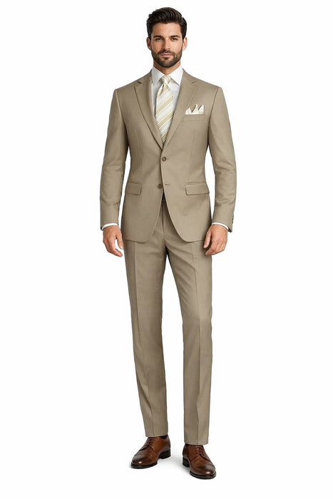 Mens 2 Button Classic Fit Pleated Pant Suit in Khaki