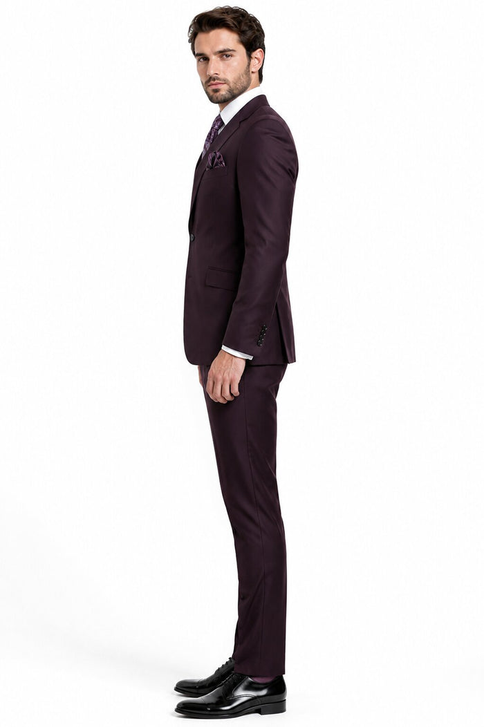 Mens 2 Button  Vested Wool Suit in Eggplant Modern Fit