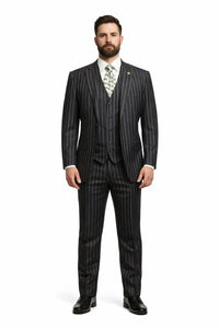 Mens 2 Button Gangster Pinstripe Suit in BLACK / GREY / BURGUNDY