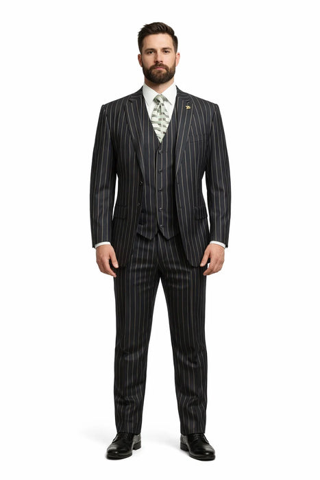 Mens 2 Button Gangster Pinstripe Suit in BLACK / GREY / BURGUNDY