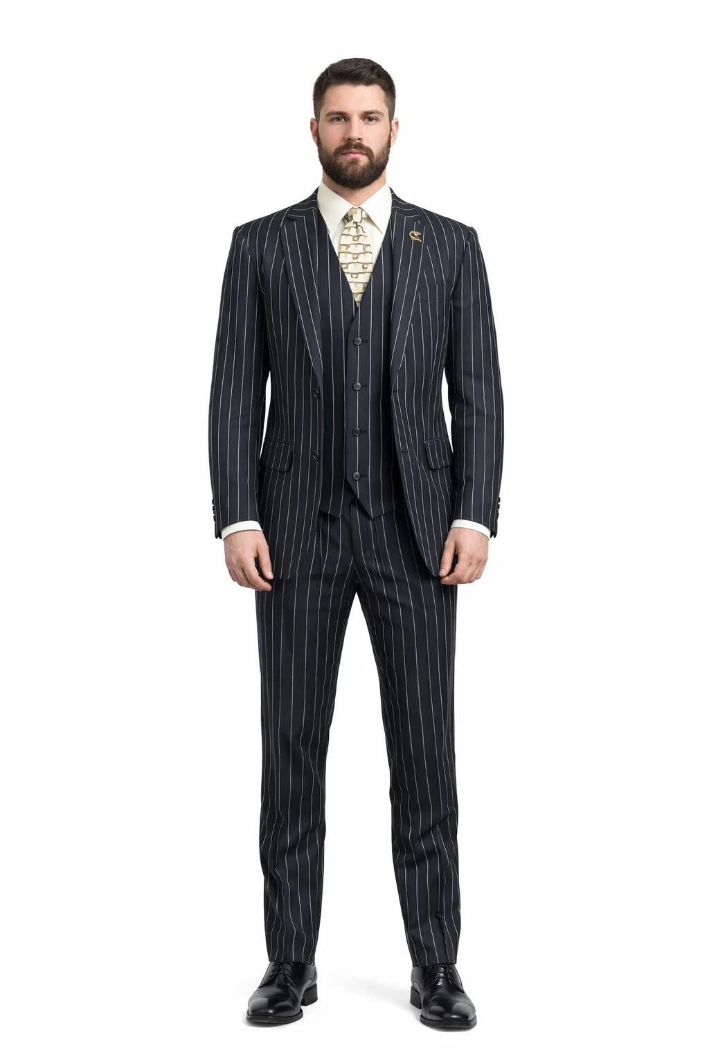 Mens 2 Button Gangster Pinstripe Suit in BLACK / GREY / BURGUNDY - Image 5