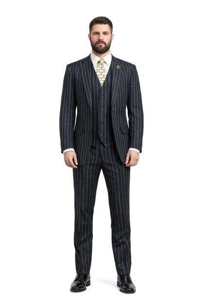 Mens 2 Button Gangster Pinstripe Suit in BLACK / GREY / BURGUNDY - Image 5