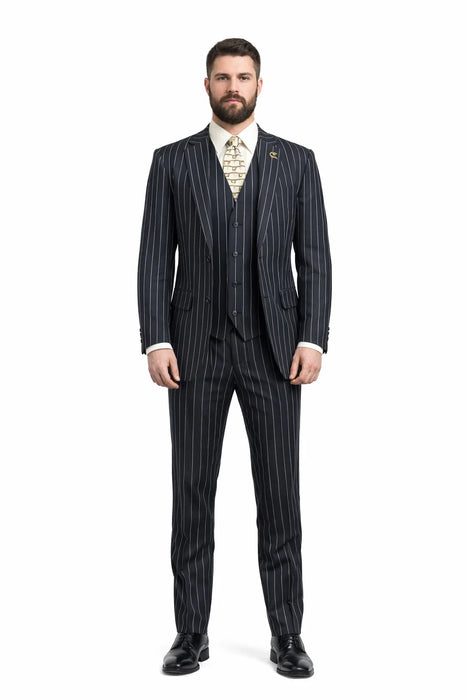 Mens 2 Button Gangster Pinstripe Suit in BLACK / GREY / BURGUNDY
