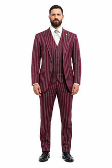 Mens 2 Button Gangster Pinstripe Suit in BLACK / GREY / BURGUNDY