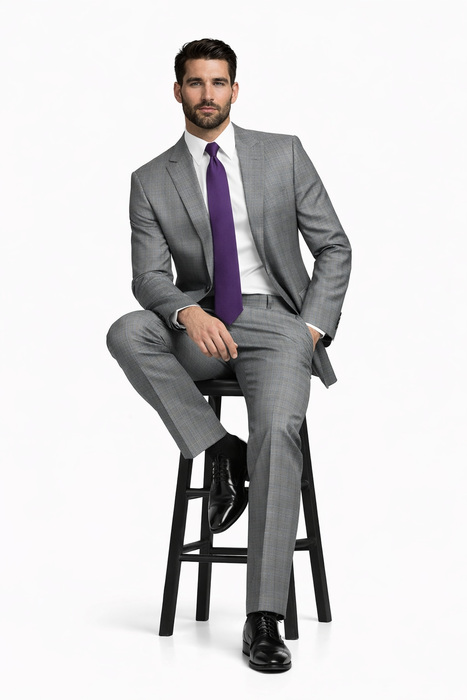 Mens 2 Button Peak Lapel Modern Plaid Suit in Grey