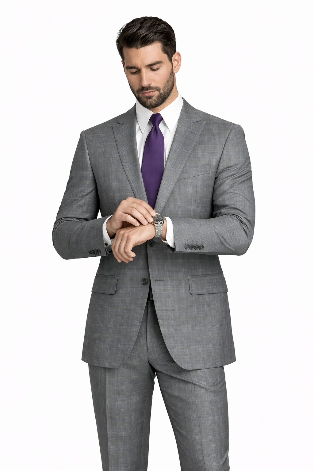 Mens 2 Button Peak Lapel Modern Plaid Suit in Grey - Image 7