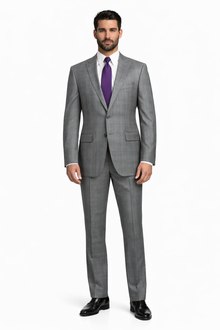 Mens 2 Button Peak Lapel Modern Plaid Suit in Grey